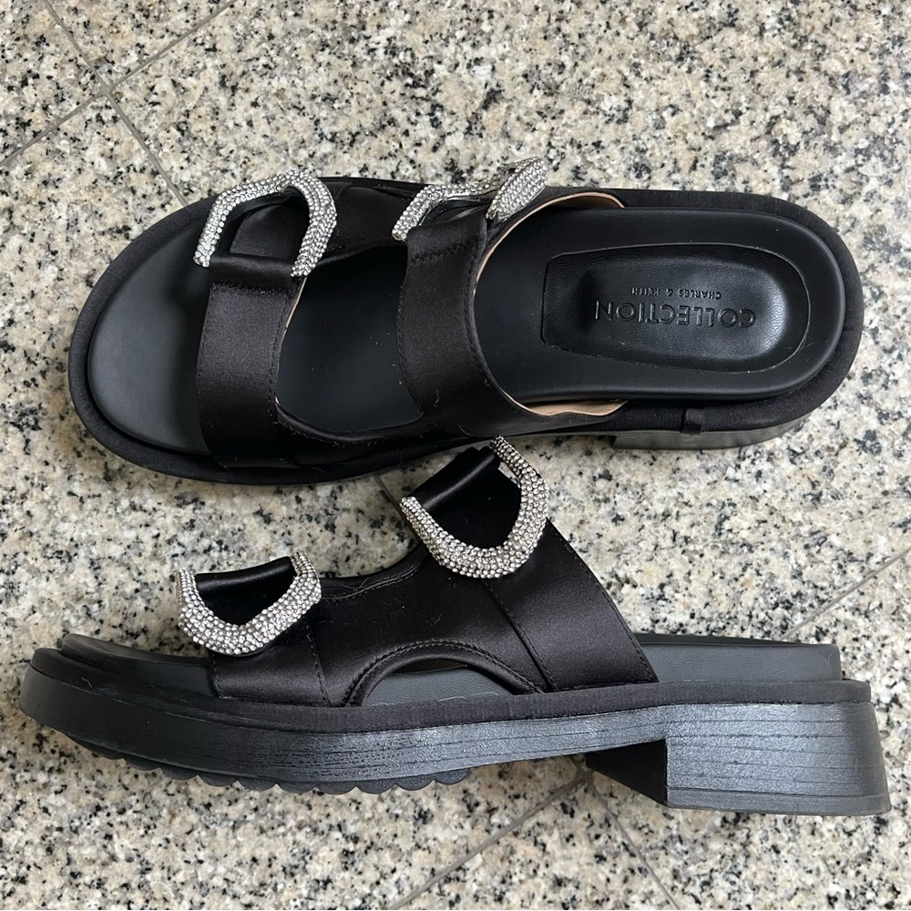 LIKE NEW. CHARLES & KEITH Collection B Black Sandals with Silver Accents